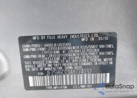 2010 Subaru Forester 2.5X Premium z USA, uszkodzony, nr VIN JF2SH6CC3AH774032